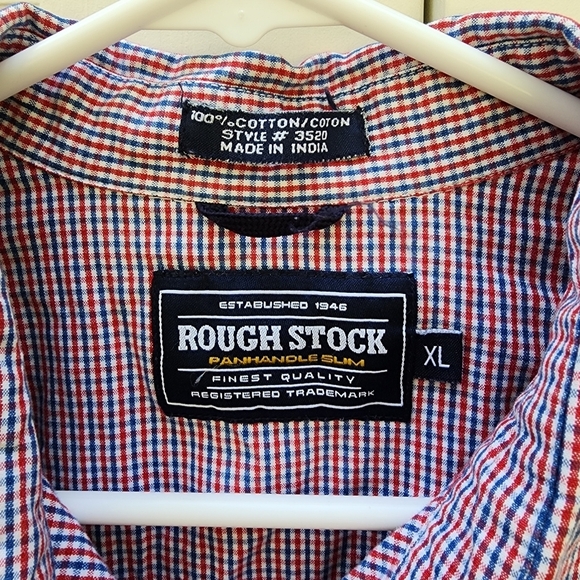 Rough Stock Western Shirt XL Red Blue Plaid Pearlized Snaps USA Patriotic EUC - Picture 2 of 13